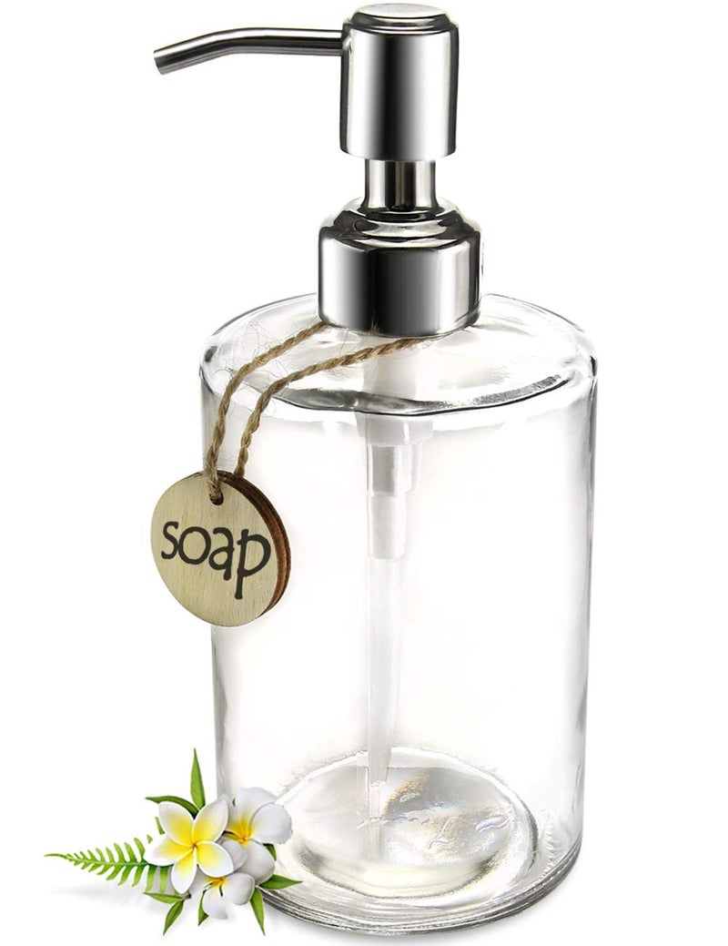 JASAI 16OZ Cylinder Glass Soap Dispenser with Rust Proof Stainless Steel Pump, Refillable Bathroom Soap Dispenser for Hand Soap, Dish Soap, Liquid Soaps and Kitchen (Clear) - Image 1